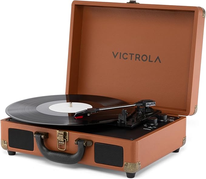 Victrola Journey II (2025 Model) – Bluetooth Suitcase Record Player – Built-in Stereo Speakers with Enhanced Bass, 3-Speed Turntable, Bluetooth Input and Output, RCA & Headphone Outputs (Brown)