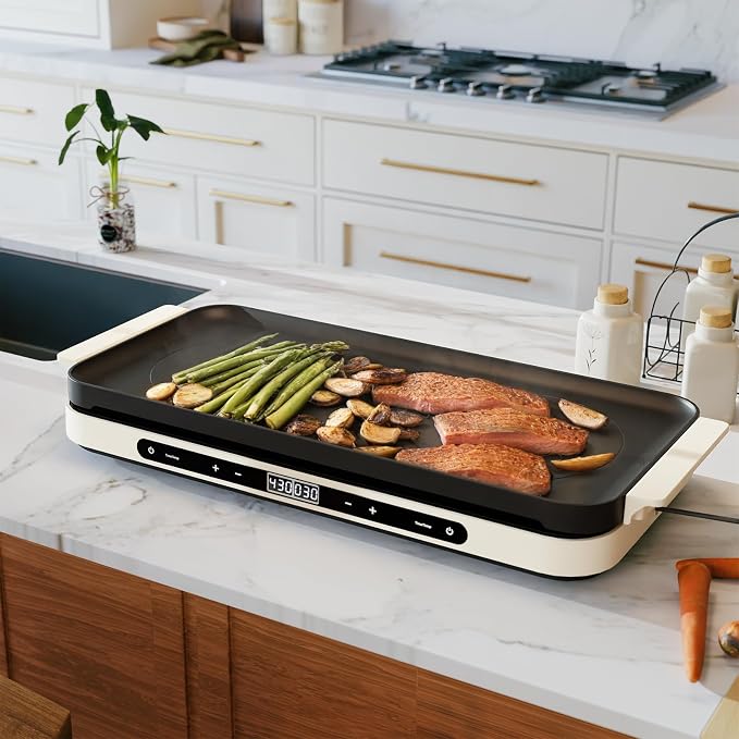 AEWHALE Electric Glass Cooktop 2 Burners with Removable Griddle Pan Non-stick,1800W Electric Hot Plate with Sensor Touch for Adjustable Temperature/Time