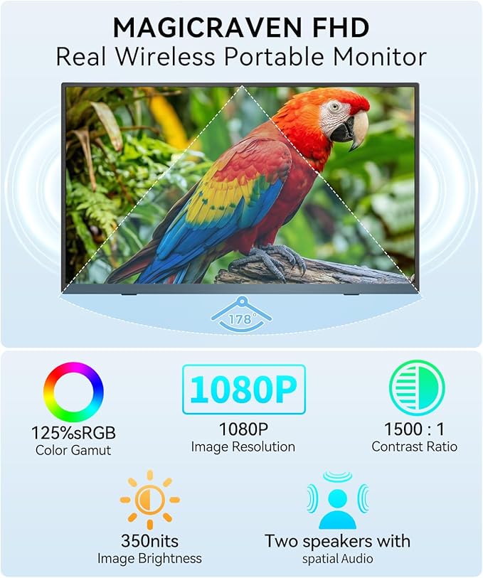 MAGICRAVEN Wireless Portable Monitor for Laptop, 15.6" Portable Monitor with Battery-1080P FHD Second Screen for Home & Office, AirPlay & Miracast Casting, No Cables or Drivers Needed(with Bag)