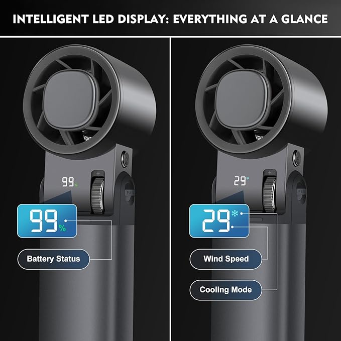 Portable Handheld Fan with Ice Cooling Plate, 199-Speed Turbo Fan, Lightweight Rechargeable Personal Fan with LED Display, Foldable Mini Fan for Travel, Concerts, Camping and Outdoor Work