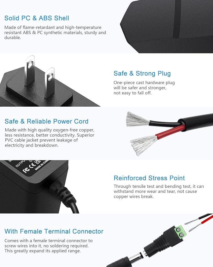ALITOVE DC 12V 1A Power Supply 12W AC Adapter 100~240V 50-60hz to 12 Volt 1Amp 0.5A Transformer DC 12V Power Cord 5.5 x 2.5mm 2.1mm Plug for LED Strip Light CCTV Security Camera and More