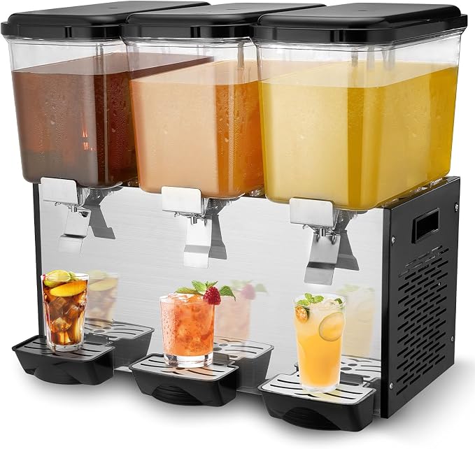 VEVOR Commercial Beverage Dispenser, 3 Tanks Juice Dispenser, 18 L / 19 QT Per Tank, 512W Stainless Steel Ice Tea Drink Machine with 45℉ to 54℉ Cooling Temp, for Cold Drink Restaurant Bar Party