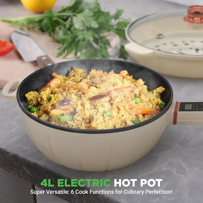 NutriChef 2 In 1 Electric Frying Pan & Steamer 8 Quarts | Portable Non-Stick Skillet for Cooking | Durable Heat Safe Handle | Touch Control Panel | 7 Cooking Functions & Electric Hot Pot | White