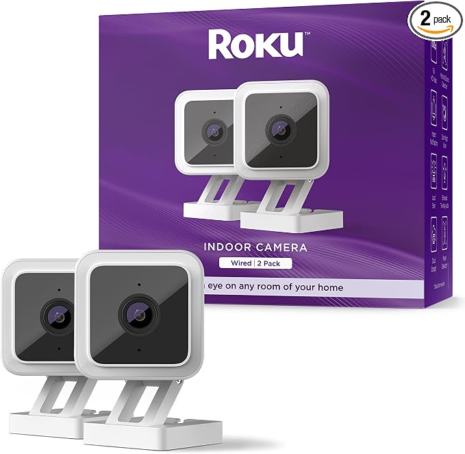 Roku Indoor Camera for Home Security, 2-Pack - Wired Security Camera with 1080p HD Color Night Vision, Works with Alexa & Google, Motion & Sound Detection, Built-in Siren, 90-Day Subscription Included
