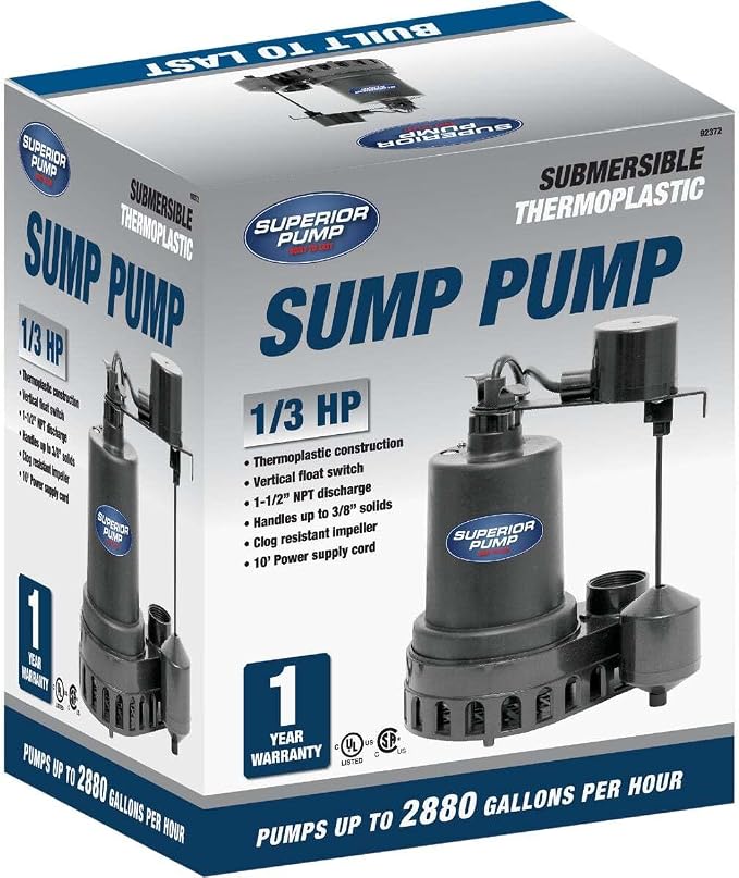 Superior Pump 92372 1/3 HP Thermoplastic Submersible Sump Pump with Vertical Float Switch