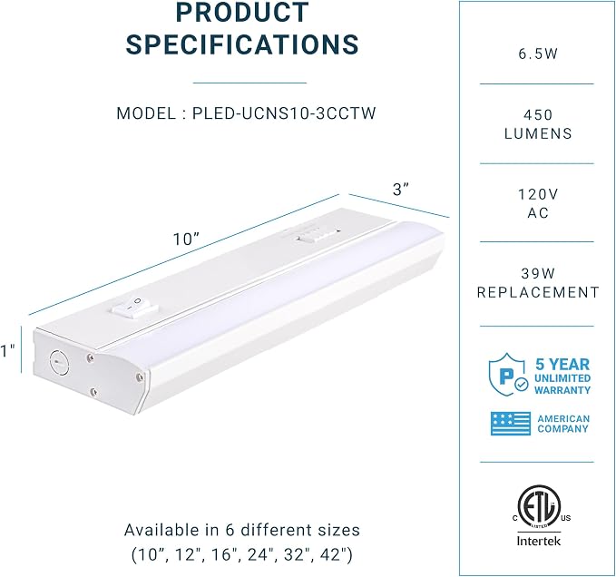 PARMIDA LED Under Cabinet Lighting, Hardwired Installation, 10 Inch, 6.5W, 5CCT Color Selectable - 2700K/3000K/4000K/5000K/6000K, ETL Listed, 120V, Dimmable, 450 Lumens, White Finish