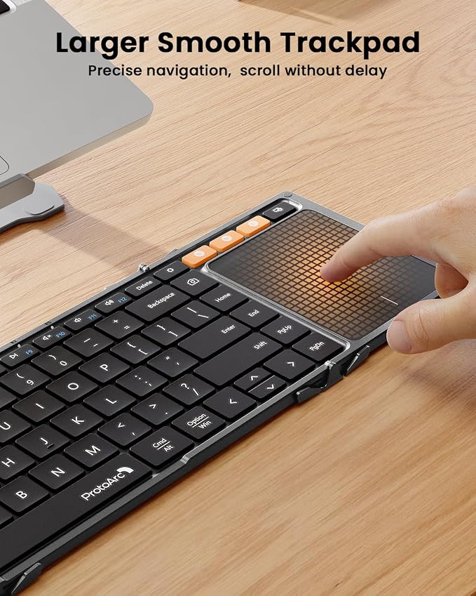ProtoArc Foldable Keyboard with Touchpad, XK01 TP Folding Portable Keyboard, Full Size Keys, Large Trackpad Bluetooth Travel Keyboards for Laptop PC Tablet - Gray