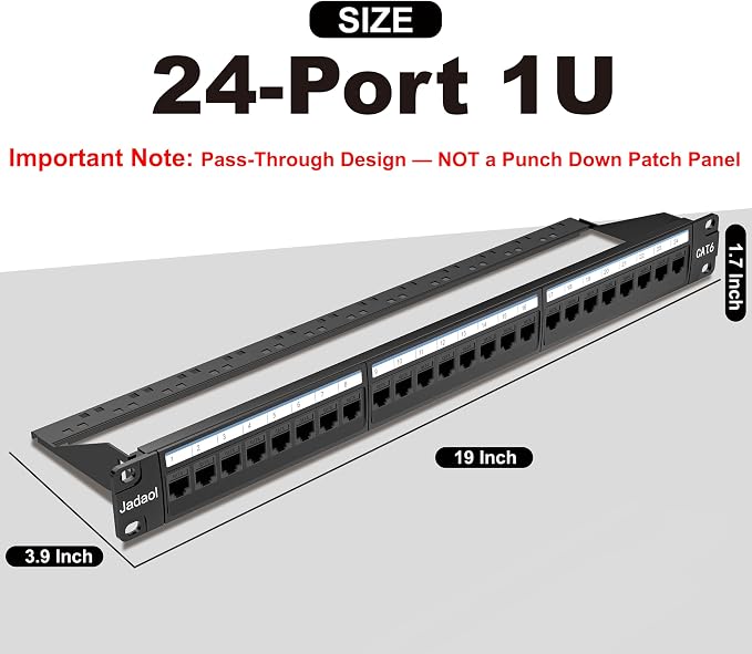 Jadaol [UL Listed] 24 Port Patch Panel Rackmount or Wall Mount 19-Inch, 1U Cat 6 Network Panel Preloaded with 24 Keystone Couplers Plus 1 Spare, 10Gbps Ethernet Panel with Cable Management & Back Bar