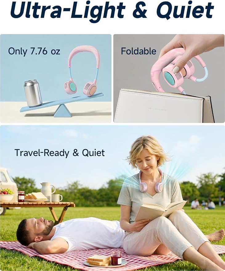 Portable Neck Fan, Hands Free Personal Fan, 5 Speeds, Flexible Small Thin Cooling Fan, Quiet Foldable Rechargeable Wearable Fans, Outdoors, Work, Summer, Hot Flashes (Fluid Pink)