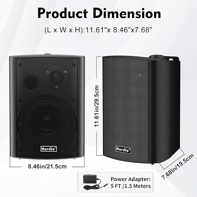 Herdio 6.5" 400W Outdoor Bluetooth Speakers, IPX5 Waterproof Rating and Be Able to Wireless Multi-Connection Up to 20 Units for Patio/Porch/Balcony (Black, 2-Pack)