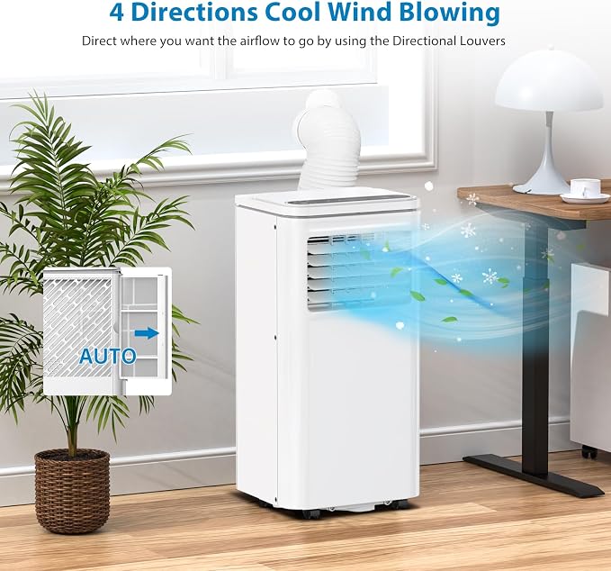 Portable Air Conditioner, 8000 BTUs 3-IN-1 Quiet AC Unit with Remote Control, Portable Air Conditioner Built-in Dehumidifier, Fan, Auto, Sleep Modes, Exhaust Hose & Window Kit, White