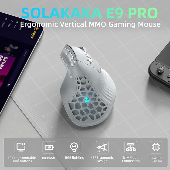 SOLAKAKA E9 PRO Ergonomic Vertical MMO Mouse with 8K Dongle, Gray-Silver | Ergonomic 45° Grip vertical,PAW3395 36000 DPI Sensor, Tri-Mode Wireless,10 Side Buttons,1000mAh Rechargeable,RGB