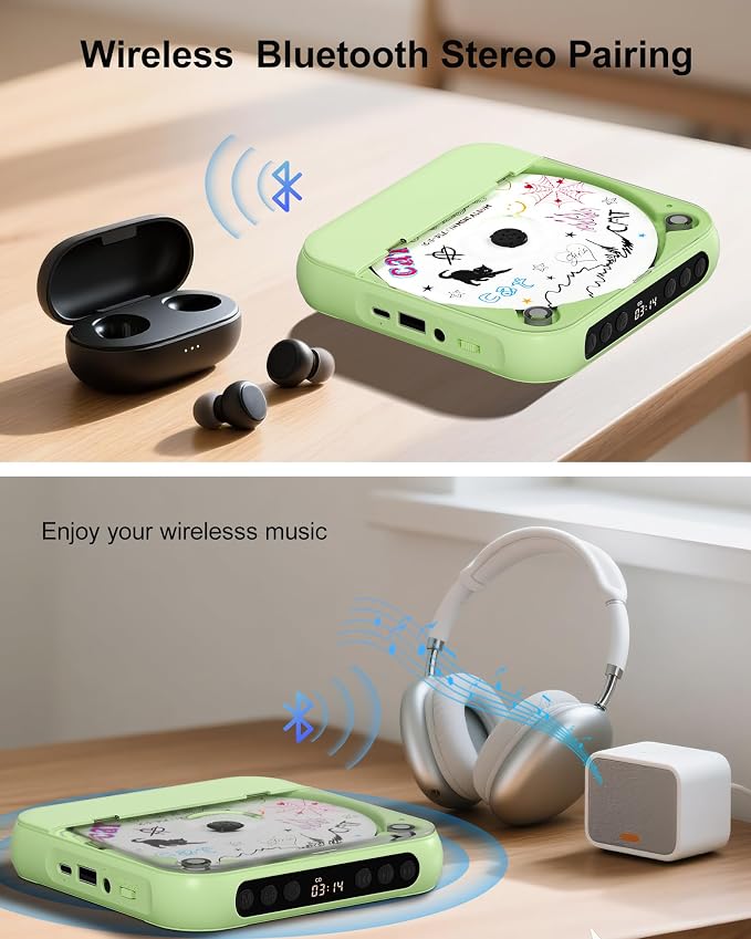 ENVYCLOUD CD Player Portable with Dual Stereo Speakers, Rechargeable Portable Player with Bluetooth for Home with Headphones, Support CD/AUX/USB,Green