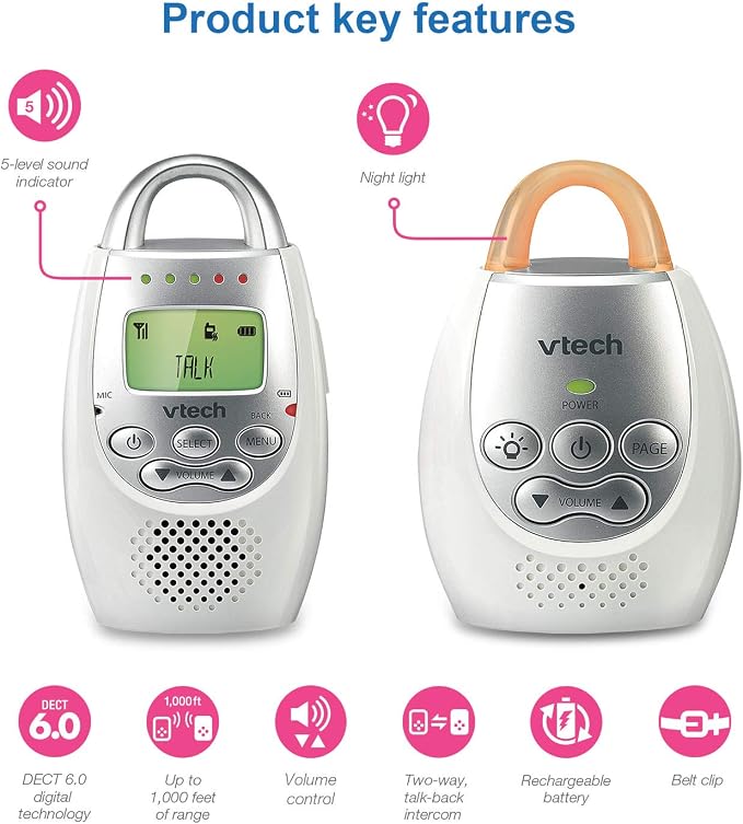 VTech Communications DM221 Audio Baby Monitor with up to 1,000 ft of Range, Vibrating Sound-Alert, Talk Back Intercom & Night Light Loop, White/Silver