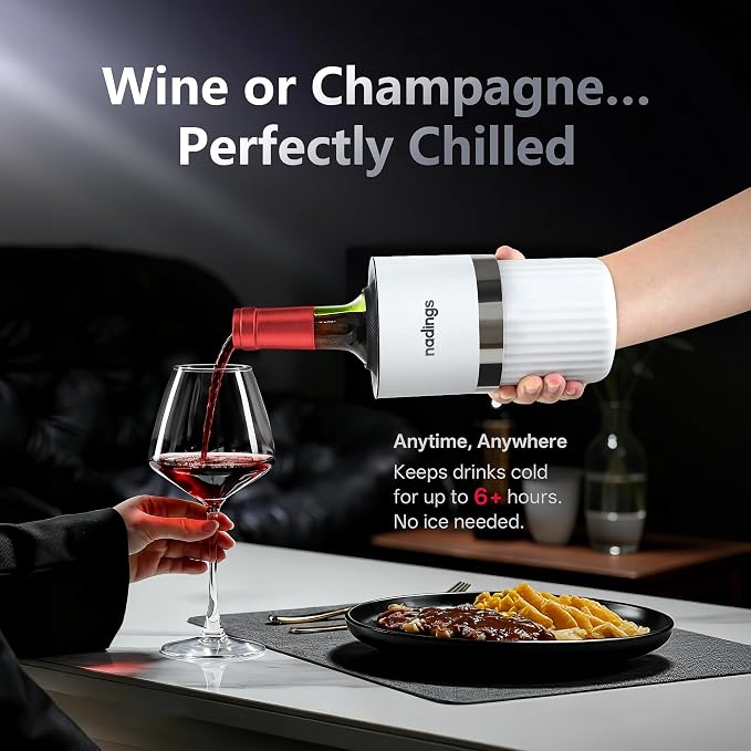 Iceless Wine Chiller, Keeps Cold 6+ Hours, Fits Most Wine Bottles | Vacuum Insulated, 18/8 Stainless Steel, Portable, Fits Most Standard 750ml Wine & Champagne Bottles, White