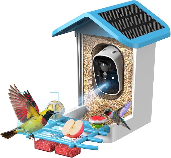 Bird Feeder with Camera, 2K Smart BirdCamera with Solar Powered, AI Identify Birds Species, Instant Arrival Alerts, 2.4Ghz WiFi Bird House for Outdoors, Ideal Gift for Family and Bird Lovers (Blue)