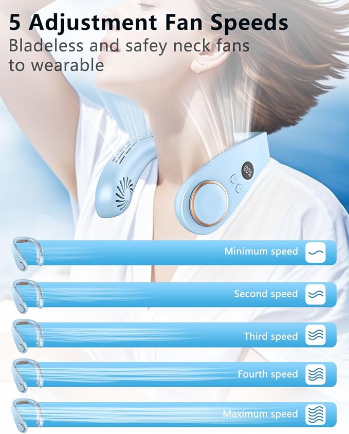 Neck Cooler with Cooling Plate, Around the Neck Hanging Air Conditioner, 5500mAh up to 15H Battery Cooling Device, Quiet Cordless Bladeless Face Fan for Home Office Outside Travel Sports, Light Blue