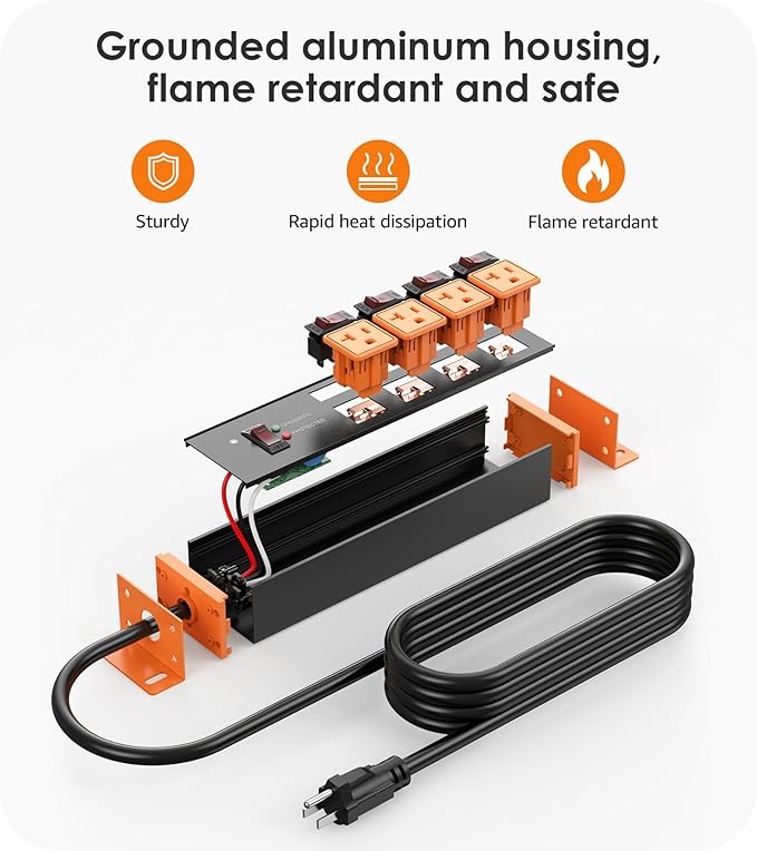 CCCEI Heavy Duty Surge Protector Power Strip 20 Amp Individual Switches. 25FT 12 Gauge Extension Cord with Multiple Outlets. Kitchen, Garage, Shop, Industrial Wall Mount Electric Extender, Orange.