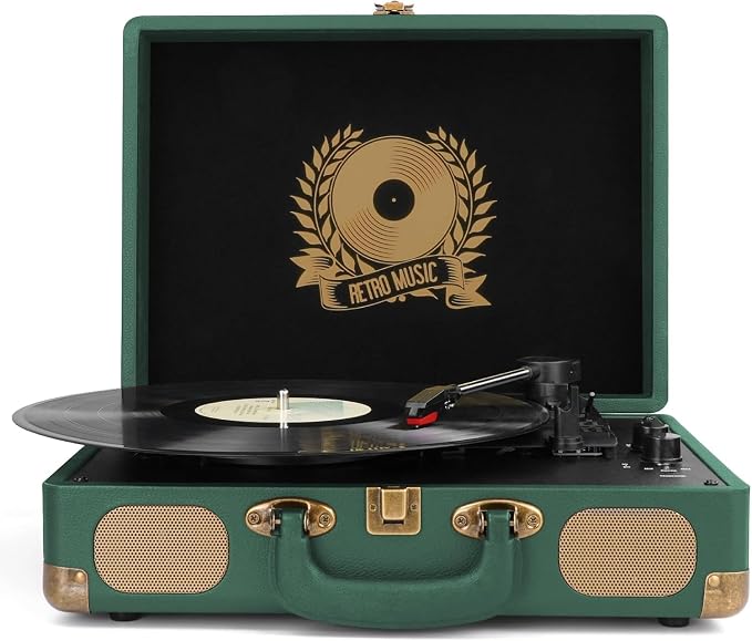 Vinyl Record Player Bluetooth Turntable 3-Speed Suitcase Portable Vintage Belt-Driven Record Player with Built-in Speakers RCA Line Out AUX in Headphone Jack Dark Hunter Green