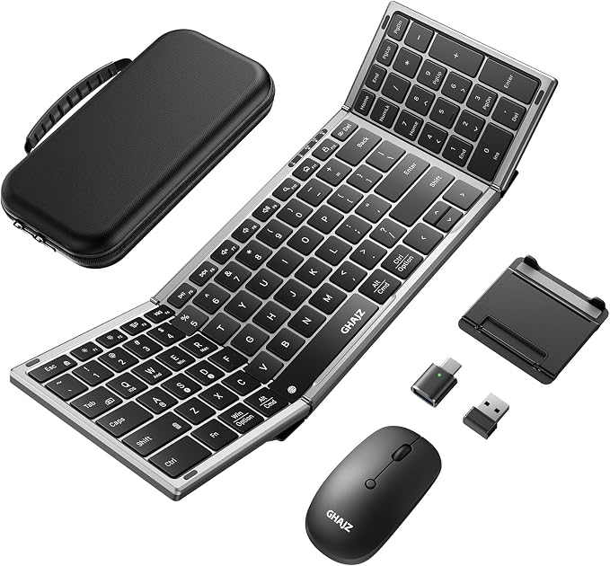 Portable Foldable Keyboard and Mouse Combo, Bluetooth×2+USB A+USB C(4 in 1) Connection, Keyboard Lock, Full Size Folding Wireless Rechargeable Silent Design for Travel/Home/Office-Black Gray