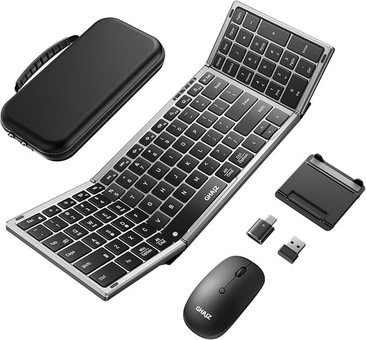Portable Foldable Keyboard and Mouse Combo, Bluetooth×2+USB A+USB C(4 in 1) Connection, Keyboard Lock, Full Size Folding Wireless Rechargeable Silent Design for Travel/Home/Office-Black Gray
