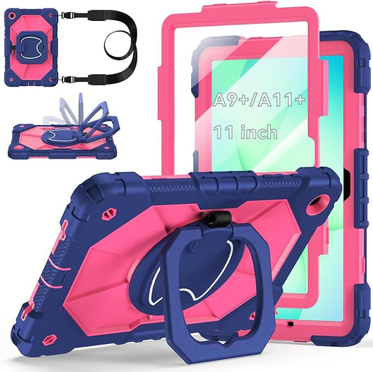 Case for Samsung Galaxy Tab A11+ Plus/A9+ 11 Inch 2025/2023,Ubearkk Case for Samsung Galaxy A9 Plus/A11+ Tablet case with Screen Protector 360 Rotating Stand Shoulder Strap Pen Holder, Navy Pink