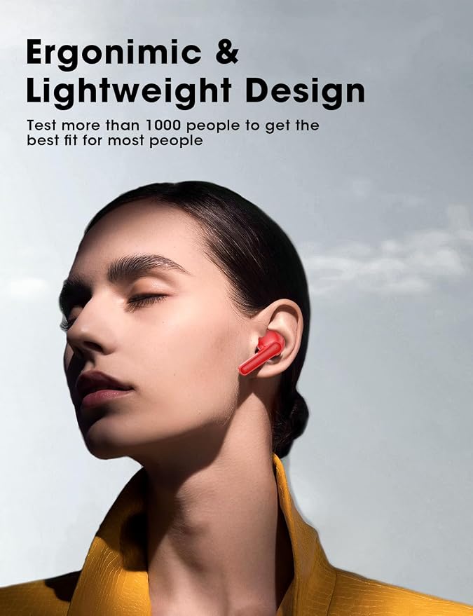 Wireless Earbuds Deep Bass Sound Ear Buds, Bluetooth 5.3 Headphones 48H Playtime, LED Display Earphones with Mic, IPX7 Waterproof Lightweight in-Ear Buds, Touch Control for iPhone TV Laptop Red