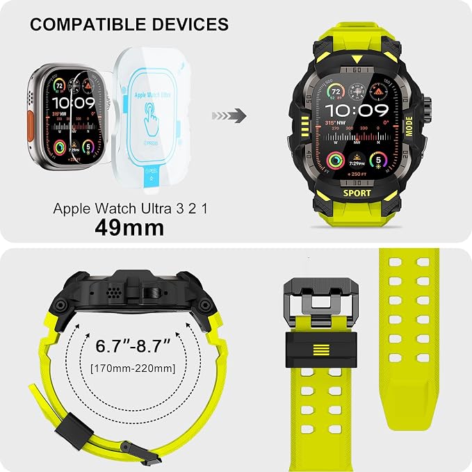 DABAOZA Rugged Case with Band Screen Protector Compatible with Apple Watch 49mm, for iWatch Ultra 3/2/1,Military Grade Shockproof Bumper and Men's Tactical Heavy Duty Strap(Fluorescent Green,49MM)