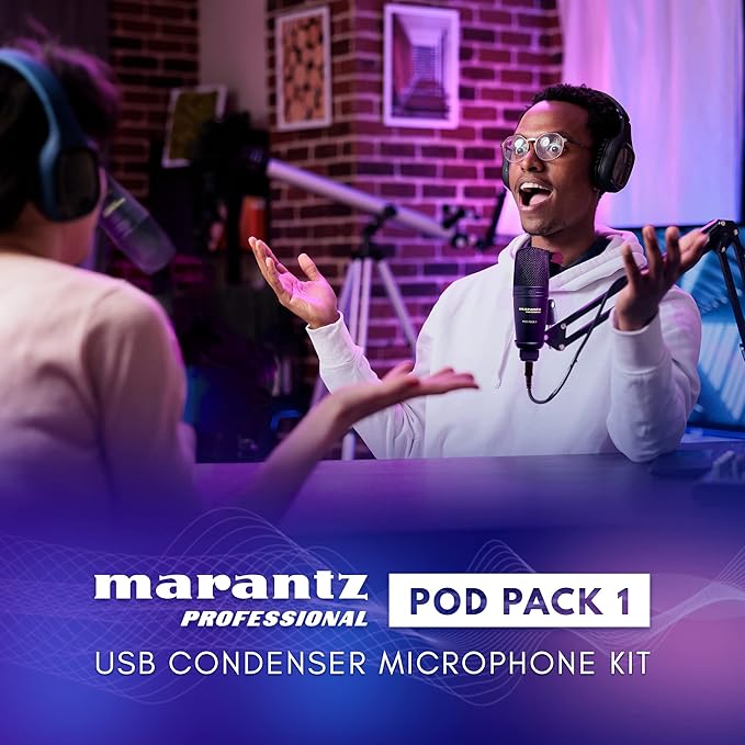 Marantz Professional Pod Pack 1 USB Condenser Microphone Kit for Gaming, Streaming and Podcasting with Built-In Audio Interface, Adjustable Boom Arm and Desk Clamp, Plug-and-Play