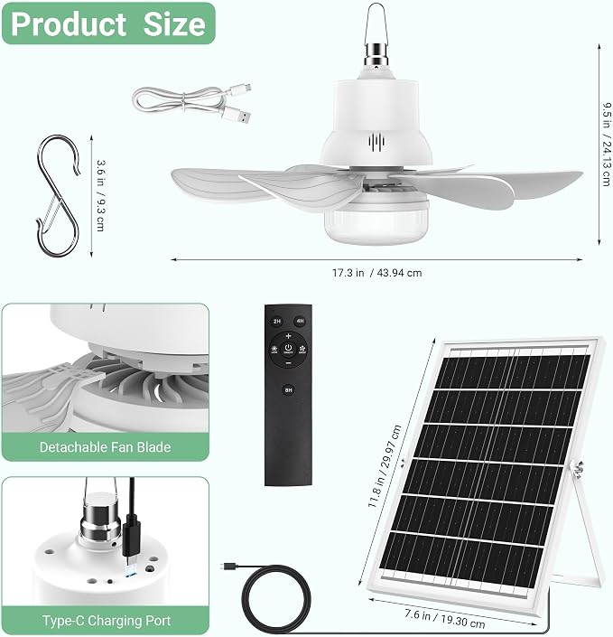 Solar Fan for Gazebo with Light, 18000mAh Rechargeable Solar Powered Patio Ceiling Fan with Remote, 17.5'' Portable Outdoor Hanging Fans for Pergola| Backyard| Camping| Tent| RV Canopy, IP54 Rated