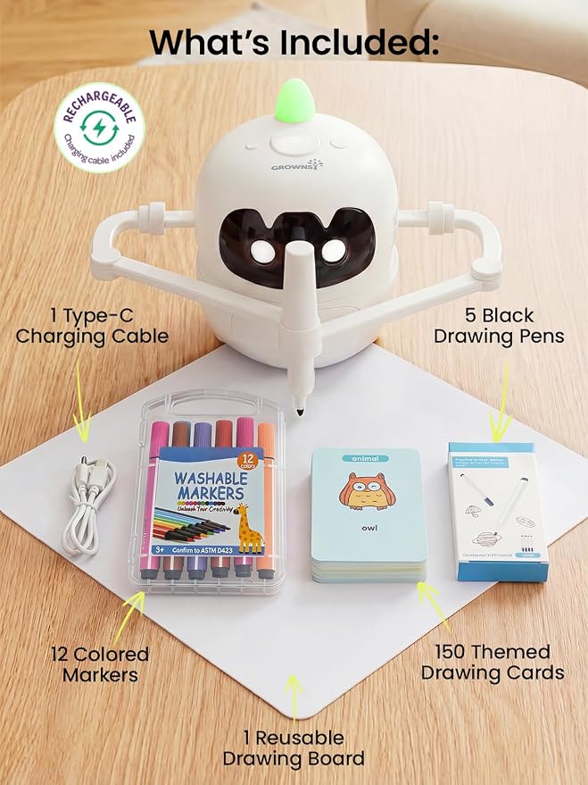 Grownsy Smart Drawing Robot for Kids, Light & Voice Guidance Education Toy with Scan, Doodle Bot with 150 Word Cards & 12 Color Pens, Montessori Painting Learning Toys for Kids Ages 3–8, Birthday Gift