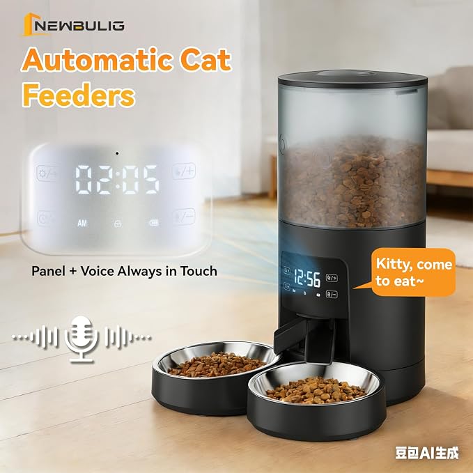 NEWBULIG Automatic Cat Feeder for 2 Cats, 6L/25.3 Cups Timed Pet Feeders with Dual Bowls, 10s Voice Recorder, Dog Food Dispenser for Dry Food, 6 Meals/Day, 50 Portions/Meal, Dual Power Supply, Black