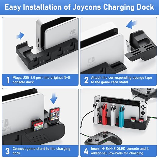 Switch Game Storage with Controller Charger for Nintendo Switch & OLED Model, Switch Charging Dock Charges 6 Joycons, Switch Gaming Accessories Holder for Desk, Switch Game Gift Card Organizer (Black)
