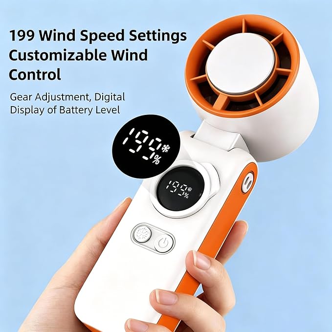 Handheld High Speed Turbo Ice Fan,with Semiconductor Ice Cooling,199 Speed/26550RPM,6000mAh USB Rechargeable,3-in-1 Mini AC Fan(Hand/Neck/Desk),Portable Personal Fans for Outdoor Travel Beach(Orange）