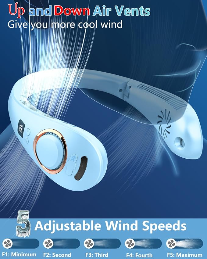 Neck Fans with Water Spray Misting,Portable Neck Fans that Blow Cold Air Rechargeable with LED Display, Adjustable 5 Speeds Powerful Soundless Compact Cooling Neck Hanging Fan for Travel Airplane Blue