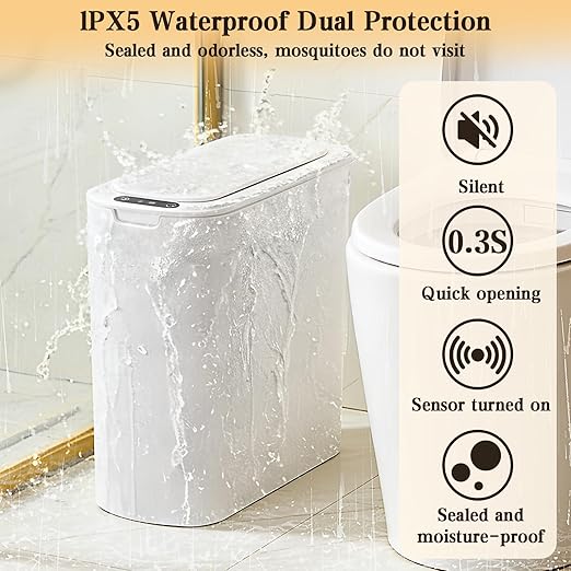 VZZNN 2 Pack Bathroom Trash Can with Lid 5Gal + 2.6Gal Bathroom Trash can - Touchless Smart Motion Sensor Trash can for Office, rv, Bedroom, Living Room, （White ）