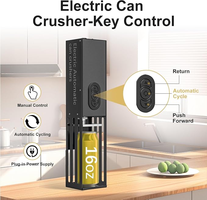 Electric Can Crusher, Automatic Can Crushers Wall Mounted for Recycling 8oz, 12oz & 16oz Cans, Fill 1 can at a Time, for Recycling Aluminum Seltzer, Cola, Beer Cans