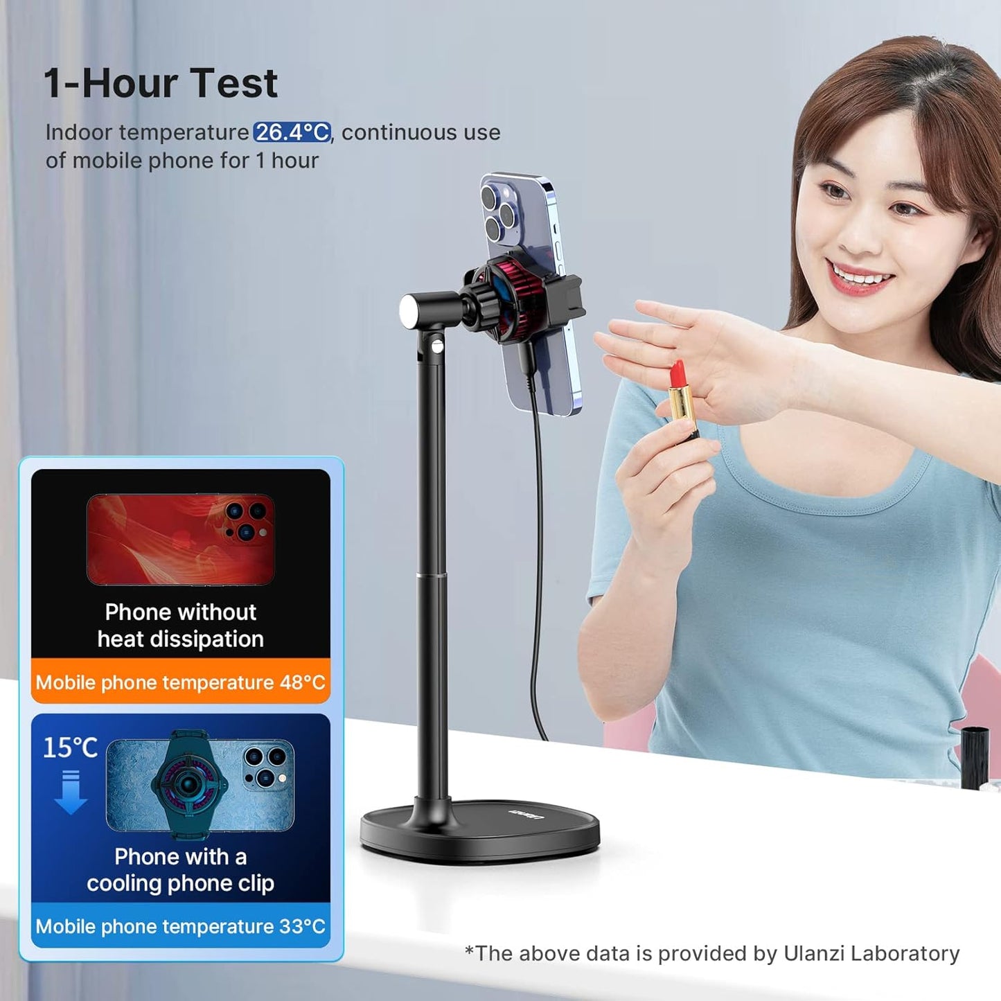 ULANZI SK-06 Cell Phone Stand with Phone Cooler, Desktop Phone Live Streaming Solution with Phone Cooling Fan, Height Adjustable Phone Cooler Stand Compatible with All Mobile Phones, iPhone & Android