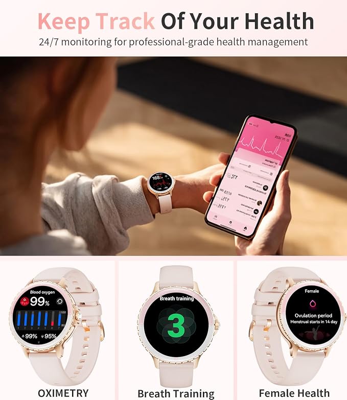 SUNKTA Smart Watch for Women (Answer/Make Call),1.27" Curved Display Smartwatch with Female Cycle/Sleep Monitor,5ATM Waterproof Fitness Tracker 100 Sport Modes Pedometer for Android/iOS,Gold