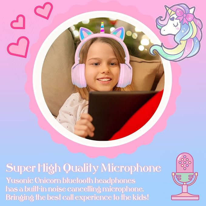 Unicorn Kids Headphones for Girls,7 Colour Flash Unicorn Bluetooth Headphones Foldable for Girls Toddlers Tablet/pad/Amazon fire,Light Up Kids Wireless Headphone Birthday Gifts (Purple Pink)