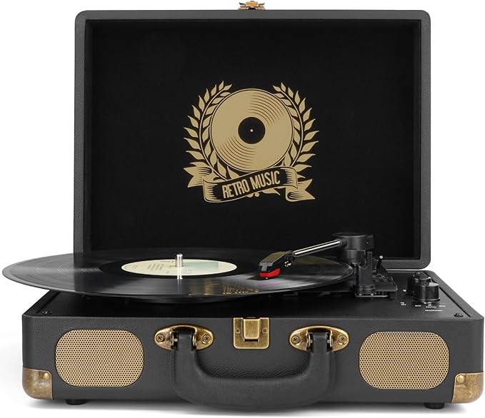 Vinyl Record Player Bluetooth Turntable 3-Speed Suitcase Portable Vintage Belt-Driven Record Player with Built-in Speakers RCA Line Out AUX in Headphone Jack LP Recording to Convert Records to MP3