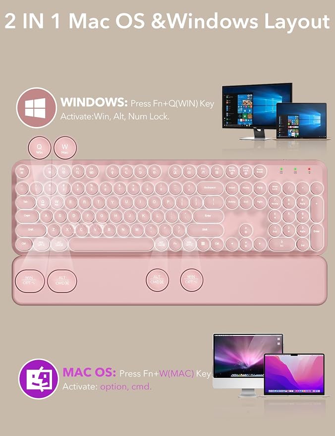 Wireless Keyboard and Mouse Backlit - Pink Typewriter Keyboard with Magnetic Wrist Rest, Retro Round Keycaps, Light Up Letters, 2.4GHz Cordless Combo for Windows, PC, Laptop, Trueque [Upgraded]