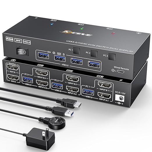 3 Computers 2 Monitors KVM Switch, Reyoten HDMI2.1 KVM Support 4K@60Hz 2K@144Hz USB 3.0 KVM Switches Share 2 Monitors and 4 USB 3.0 Ports, Support EDID Emulator【HDMI Port Only】
