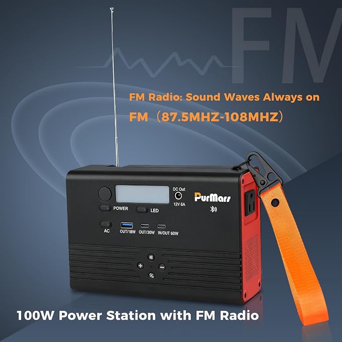Portable Power Station, 92Wh/100W Mobile Power Bank with Bluetooth Speaker + FM Radio, PD Fast Charging, 110V AC Output, Multiple Output Ports-Ideal for Camping and Emergency Power