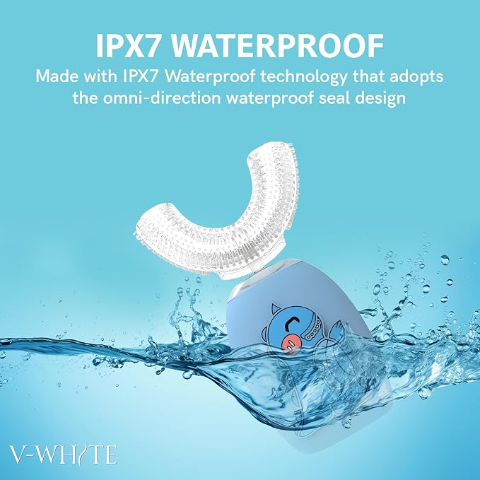 V-WHITE Kids Auto Brush Ultrasonic U-Shaped Toothbrush – 360° Teeth Cleaning, Hands-Free Electric Autobrush for Kids – Gum Protection, Waterproof IPX7, Wireless Charging (Blue)