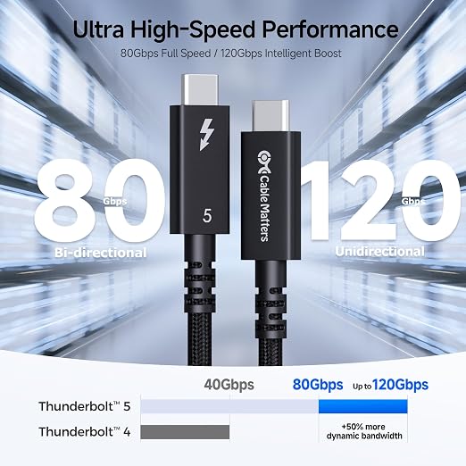 Cable Matters [Intel Certified] 80Gbps Active Thunderbolt 5 Cable - 6.6ft / 2m, Supports up to 120Gbps Bandwidth Boost, 240W Charging, 8K Video, Compatible with Thunderbolt 4/3, USB4, and USB-C
