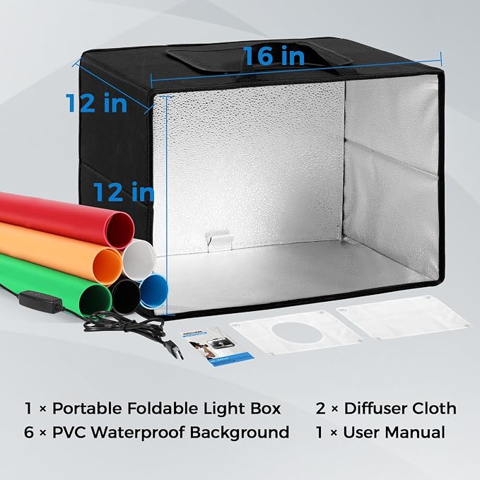 Photo Light Box, 16"x12"x12" Foldable Photography Light Box with CRI>95 120 Light Beads. Dimmable Shooting Tent Kit with White and Warm Light. 6 Color Backdrops Photo Booth for Studio Products Display