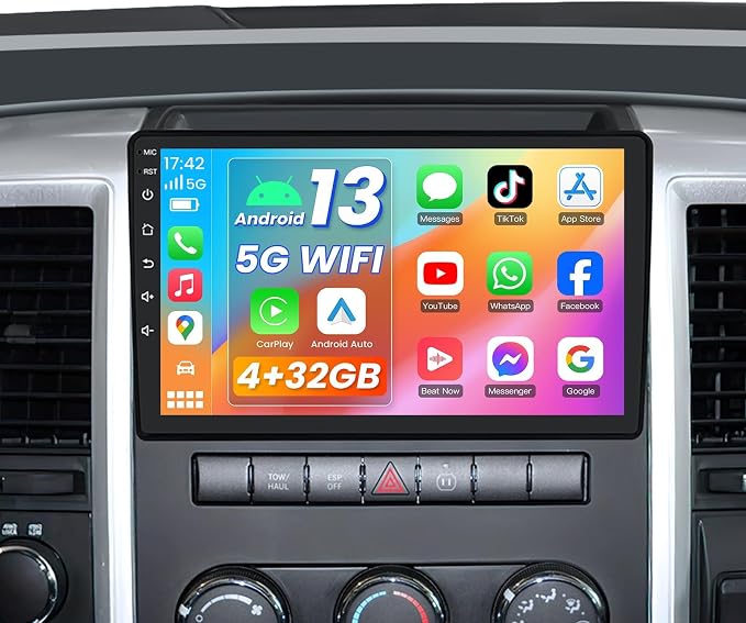 8Core 4G+32G ROM Upgrade Car Radio for Dodge RAM 1500 2500 3500 2009-2012: 10 Inch 1280 * 800 IPS Touchscreen Wireless CarPlay Android Auto 5G WiFi Bluetooth GPS 1080P Backup Camera FM DSP
