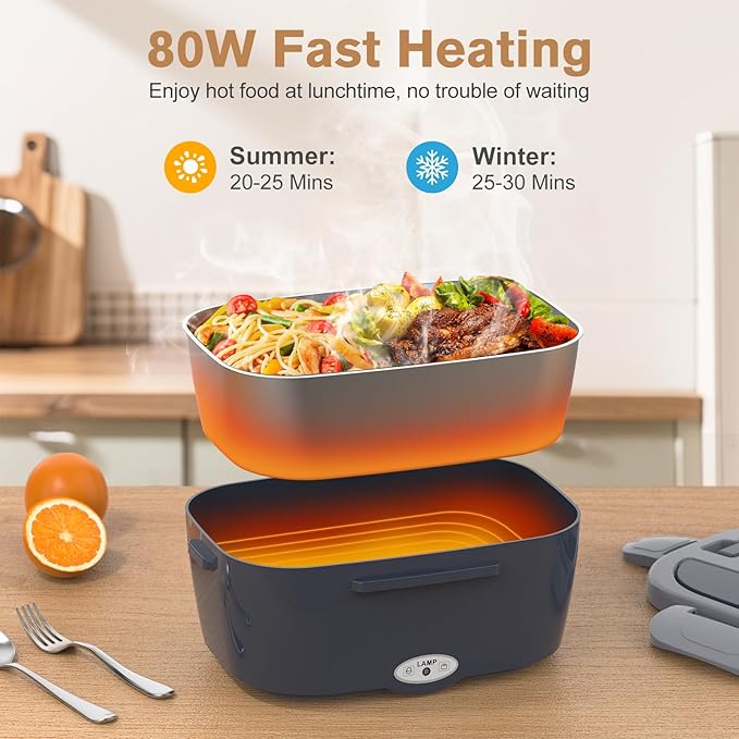 Vabaso Electric Lunch Box for Adults, 80W Heated Lunch Box with Dual 1.5L Stainless Steel Containers, Portable Food Warmer for Men Work Car Truck, 12V/24V/110V/220V - Eternal Gray