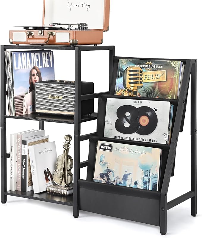 Bikoney Record Player Stand, Turntable Stand with 3-Tier Vinyl Record Storage, Record Player Table Up to 200 Albums, End Table for Records, Vinyl Record Holder